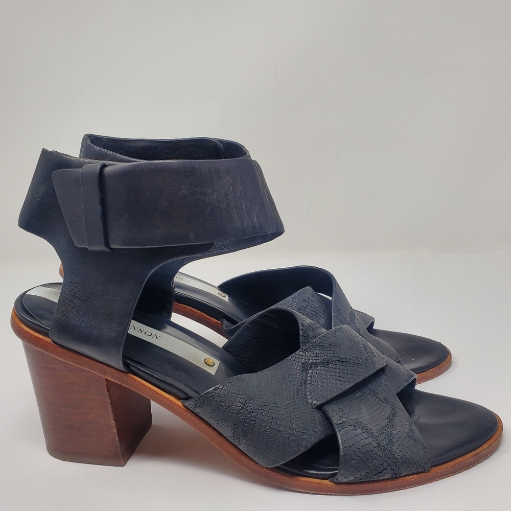 Matt Bernson black leather chunky heel ankle wrap sandal